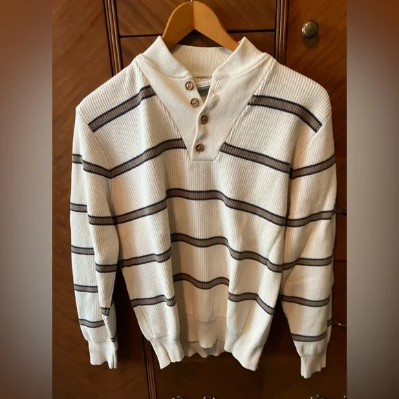 L.L. Bean Men's Cream and Black Striped Crewneck Sweater 100% cotton preppy M - Picture 1 of 9
